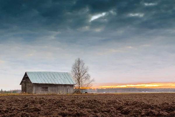 Gamle Barn i vårsolnedgangen. – stockfoto