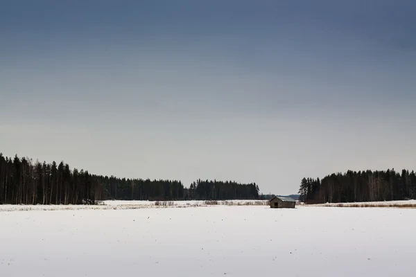 Winziges Scheunenhaus auf einem verschneiten Feld — Stockfoto