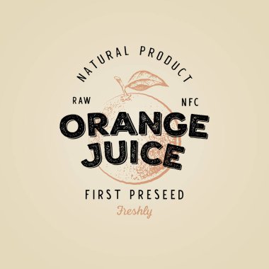 Portakal suyu retro-antika logoti, rozet, etiket. Vektör illüstrasyonu