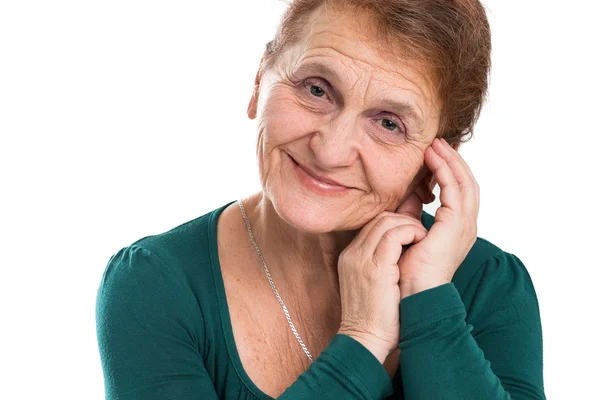 在白色背景上一个幸福的老女人的画像 — 图库照片