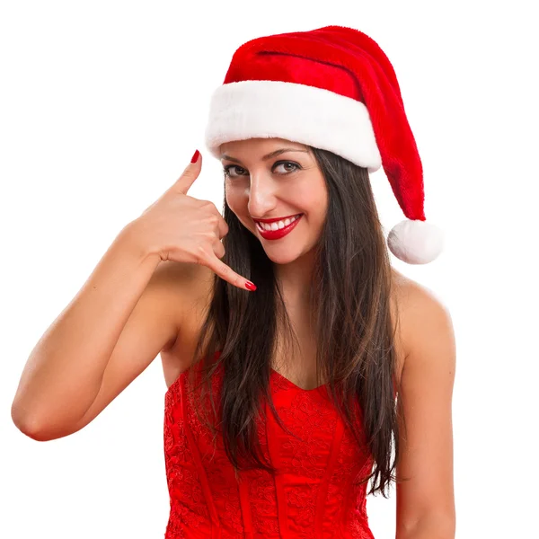 Portræt af en smuk munter kvinde klædt som Santa - Stock-foto
