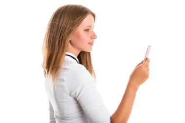 Mutlu bir cep telefonu kamera ile egzersiz genç kadın fotoğrafı