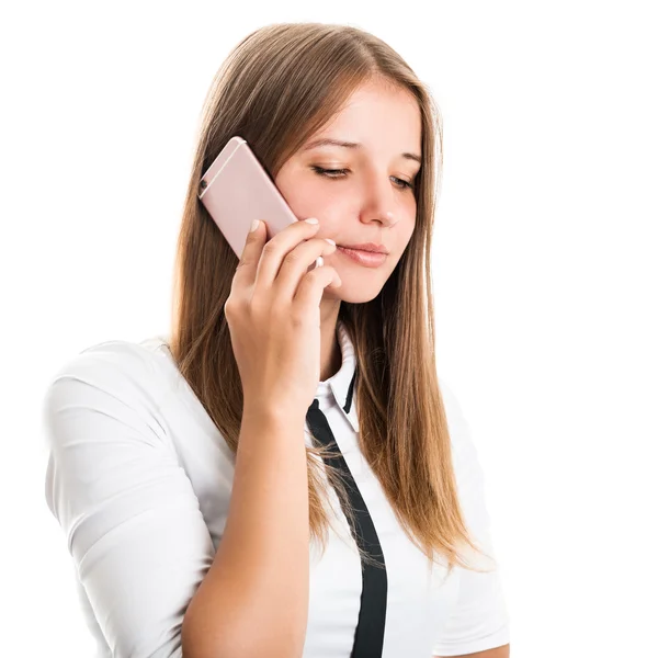Retrato de una hermosa mujer de negocios joven con un teléfono móvil —  Fotos de Stock