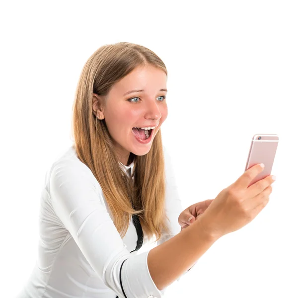 Felice giovane donna che esercita fotografato utilizzando una fotocamera del telefono cellulare — Foto Stock