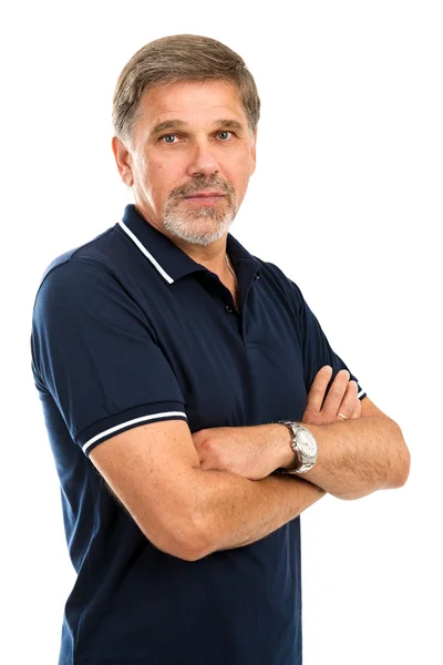 Beyaz bir arka plan üzerinde ciddi yetişkin adam portresi
