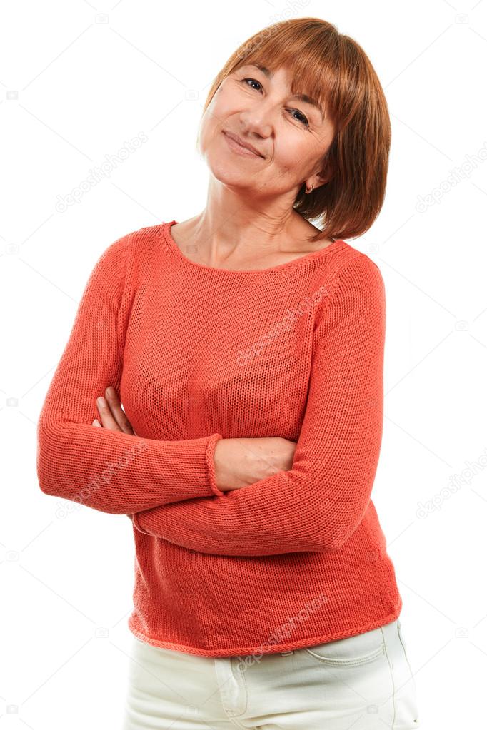 Portrait of a smiling beautiful adult woman on a white background