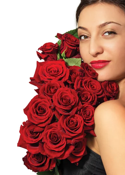 Portret moda piękne Młoda kobieta z różami — Zdjęcie stockowe