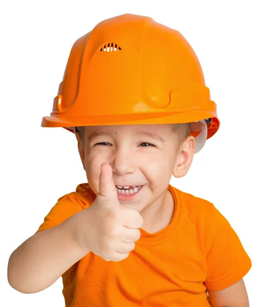 Child in the construction helmet on a white background. — Stock Photo, Image