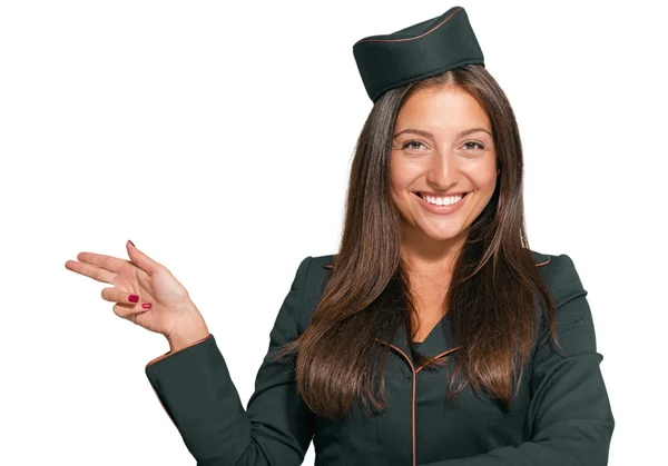 Schöne junge Stewardess empfiehlt, dass Ihre Dienste! — Stockfoto