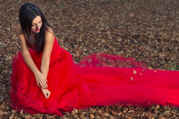 Retrato de outono de uma mulher bonita em um vestido vermelho — Fotografia de Stock