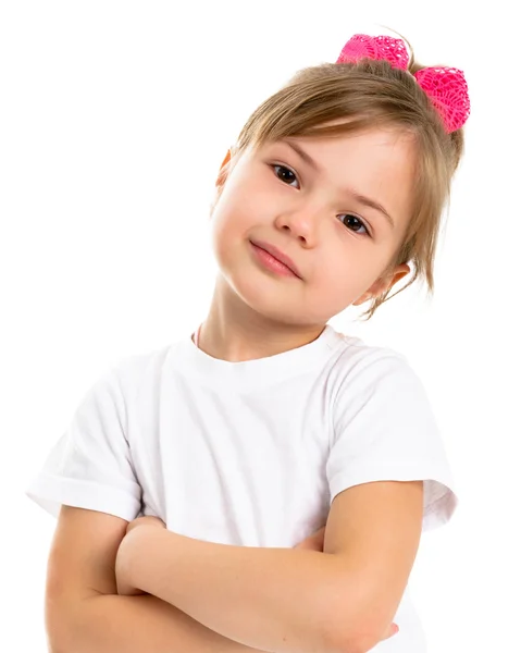 Portrait of a beautiful smiling little girl on a white background — Stock Photo, Image