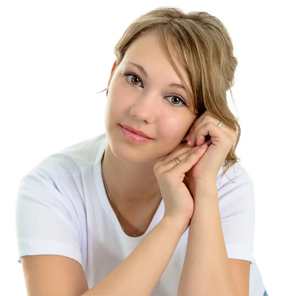 Retrato de uma mulher bonita em um fundo branco — Fotografia de Stock