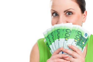 Euro banknot elinde ile mutlu bir kadın portresi