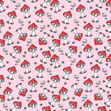 Kırmızı şapkalı Mushrumlar çocuklar için tekstil desenli.