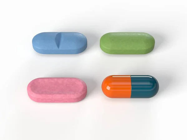Длинные Разноцветные Таблетки Иллюстрация Изолирована Белом Подходит Медицины Здравоохранения Бодибилдинга — стоковое фото