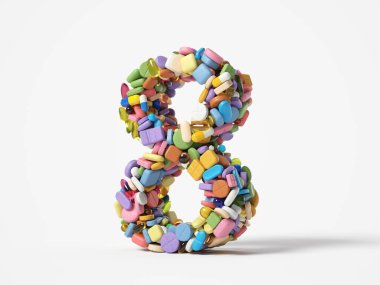 İlaç, sağlık hizmetleri ve bilim teması için uygun 8 numaralı formda farklı haplar. Beyaz arkaplanda izole edilmiş 3 boyutlu illüstrasyon