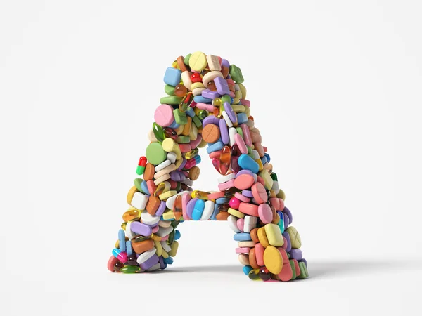 不同的药丸堆成字母A的形状 适合医学 医疗保健和科学主题 3D插图 白色背景隔离 — 图库照片