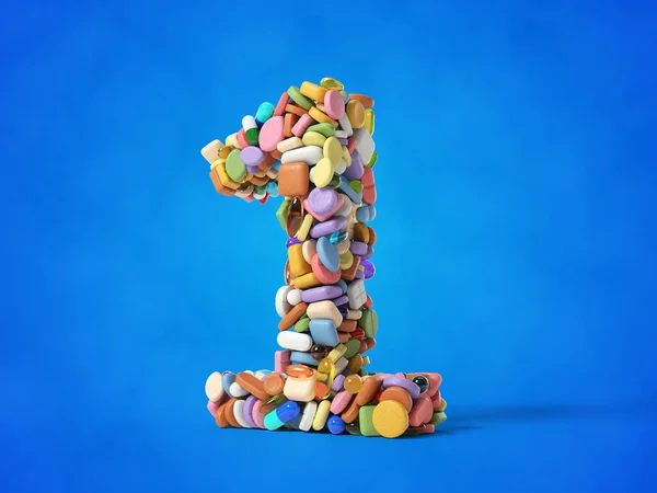 不同的药丸以1号的形状堆积在一起 适合医学 医疗保健和科学的主题 蓝色背景的3D插图 — 图库照片