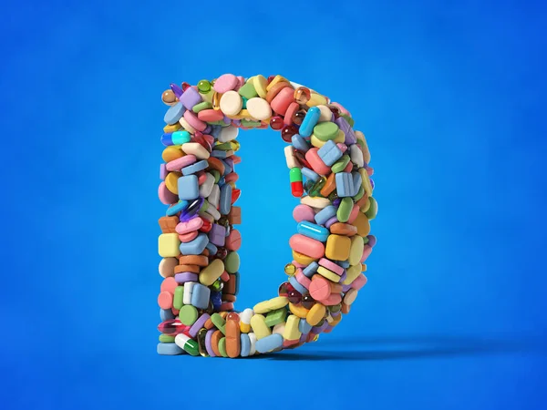 不同的药丸堆成D字形 适合医学 医疗保健和科学主题 蓝色背景的3D插图 — 图库照片