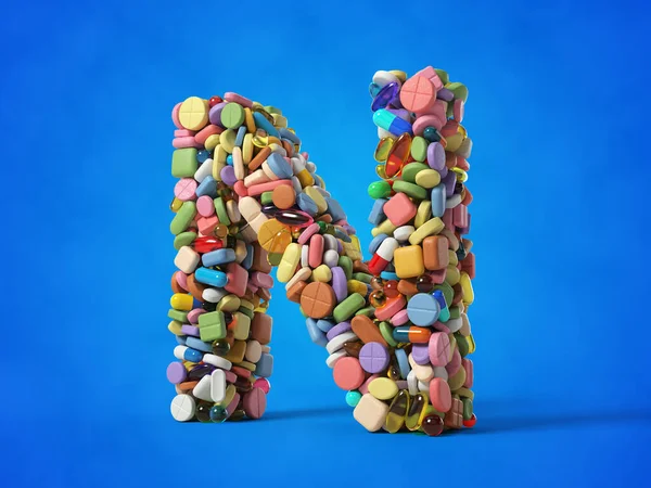 不同的药丸堆成字母N的形状 适合医学 医疗保健和科学主题 蓝色背景的3D插图 — 图库照片