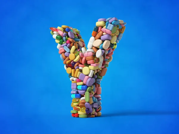 不同的药丸堆成字母Y的形状 适合医学 医疗保健和科学主题 蓝色背景的3D插图 — 图库照片