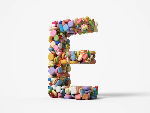不同的药丸堆成字母E的形状 适合医学 医疗保健和科学主题 3D插图 白色背景隔离 — 图库照片