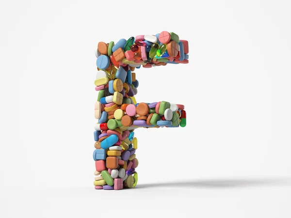 薬や医療や科学のテーマに適した文字Fの形をした異なる錠剤が積み重なっています 白い背景に隔離された3Dイラスト — ストック写真