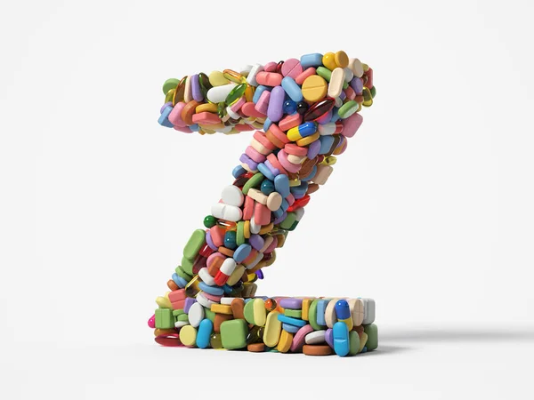 不同的药丸堆成字母Z的形状 适合医学 医疗保健和科学主题 3D插图 白色背景隔离 — 图库照片