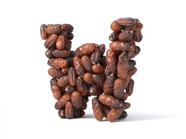 W harfi şekilli hurma meyveleri, 3D illüstrasyon, oruç, ramazan, islam ve iftar temaları ve tipografi kullanımı için uygun.