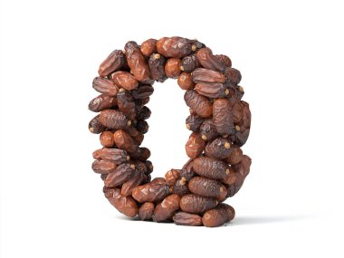 Q harfi şekilli hurma meyveleri, 3D illüstrasyon, oruç, ramazan, islam ve iftar temaları ve tipografi kullanımı için uygun.