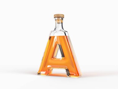 A harfi şeklinde, içinde viski olan bir şişe. 3d illüstrasyon, yazı tipi, alkol ve içme temaları için uygun