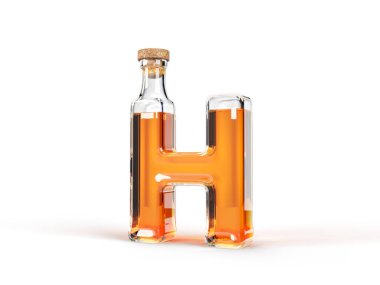 H harfi şeklinde, içinde viski olan bir şişe. 3d illüstrasyon, yazı tipi, alkol ve içme temaları için uygun