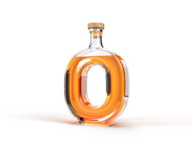 İçinde viski olan O harfli bir şişe. 3d illüstrasyon, yazı tipi, alkol ve içme temaları için uygun