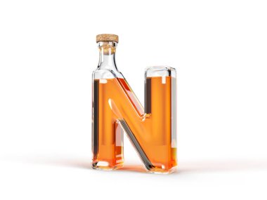 İçinde viski olan N harfi şişesi. 3d illüstrasyon, yazı tipi, alkol ve içme temaları için uygun