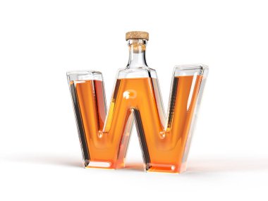 W harfi şeklinde, içinde viski olan bir şişe. 3d illüstrasyon, yazı tipi, alkol ve içme temaları için uygun