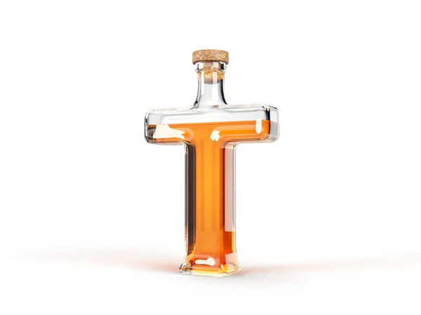 字母T型瓶子 内装威士忌 3D插图 适合字体 酒精和酒水主题 — 图库照片