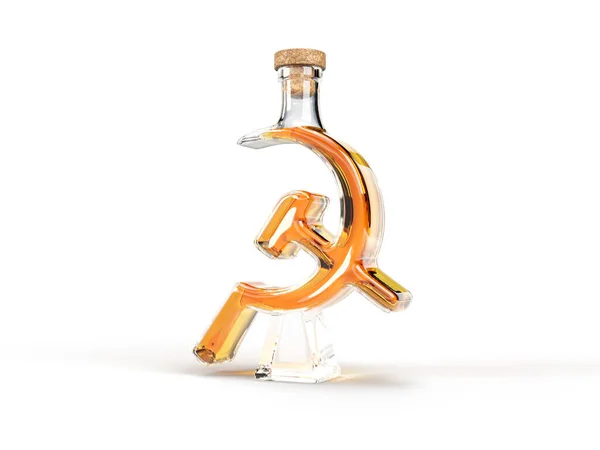 锤头和镰刀形瓶子 内装威士忌 3D插图 适合字体 酒精和酒水主题 — 图库照片