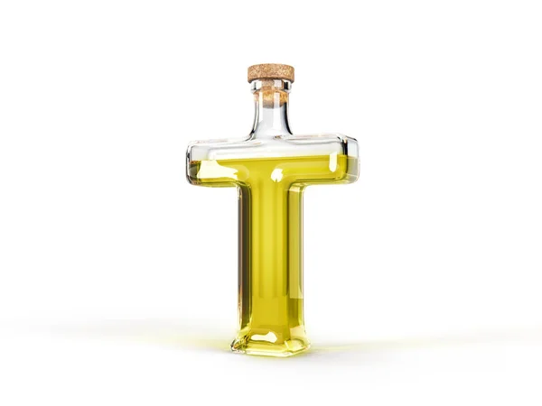 字母T型瓶子 内装橄榄油 3D插图 适合烹饪 字母表和健康饮食主题 — 图库照片