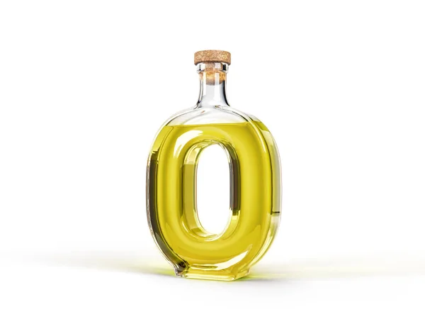0番の形をした瓶にオリーブオイルを入れます 3Dイラスト 料理に適して アルファベットと健康的な食事のテーマ — ストック写真