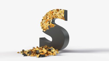 Hasarlı S harfi içinde altın olduğunu gösteriyor. 3d illüstrasyon, daktilo, harf ve alfabe temaları için uygun.