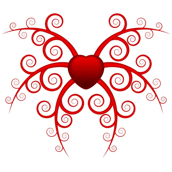 Rode hart en symmetrische bloemmotief met spiralen. — Stockvector