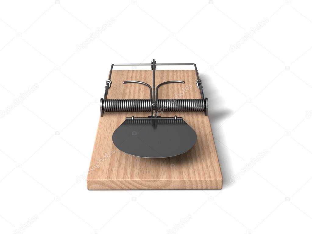 3d mouse trap with wooden body and metal details.
