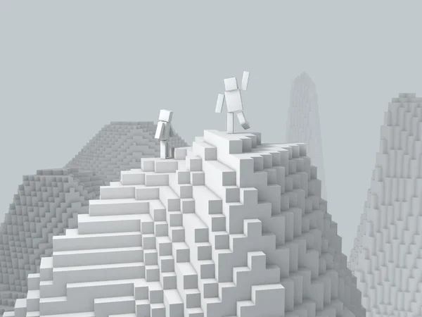 3D küp karakter dağın zirvesinde.