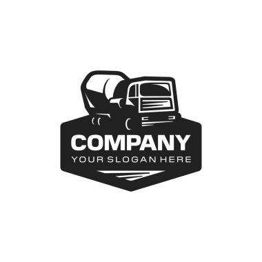 Beton kamyon karıştırıcı logosu. İnşaat çimento karıştırıcısı. İnşaat markası, ajan, ağır ekipman, kira, satış, satıcı. İzole logo vektör ilhamı. Grafik tasarımı