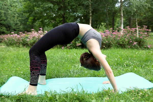 Parktaki Genç Güzel Kız Yoga Egzersizleri Yapıyor Esniyor Sağlıklı Bir — Stok fotoğraf