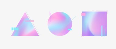 Yaratıcı vektör koleksiyonu modern renkli geometrik şekiller. Yanardöner dekoratif elementli şık grafikler. Tasarım için holografik set 