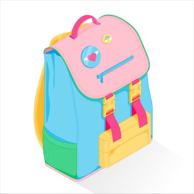 Okul çantası izometri. Gerçekçi Sırt Çantası Kawaii Anime tarzı. vektör