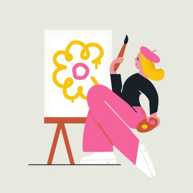 Kız ya da genç bir kadın fırça ve paletle çiçek boyar. Vektör illüstrasyonu