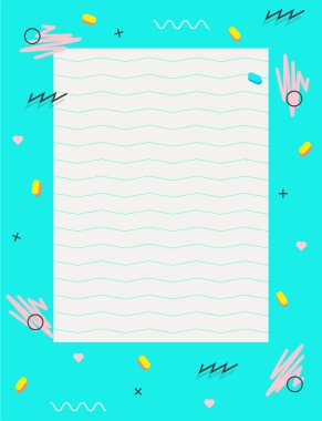 80 'lerin dekoratif çerçeveli boş bir sayfa. Geometrik elementler, çizgiler. Parlak mavi, pembe. Defterler, sabit kağıtlar, mektuplar, mesajlar için modern baskı. Memphis tasarım tarzı. Vektör