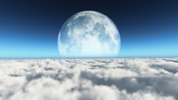 Volar sobre las nubes y la luna grande 4k — Vídeos de Stock